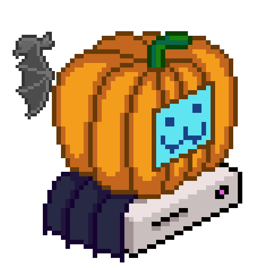 Pixel art pumpkin computer with bat wings